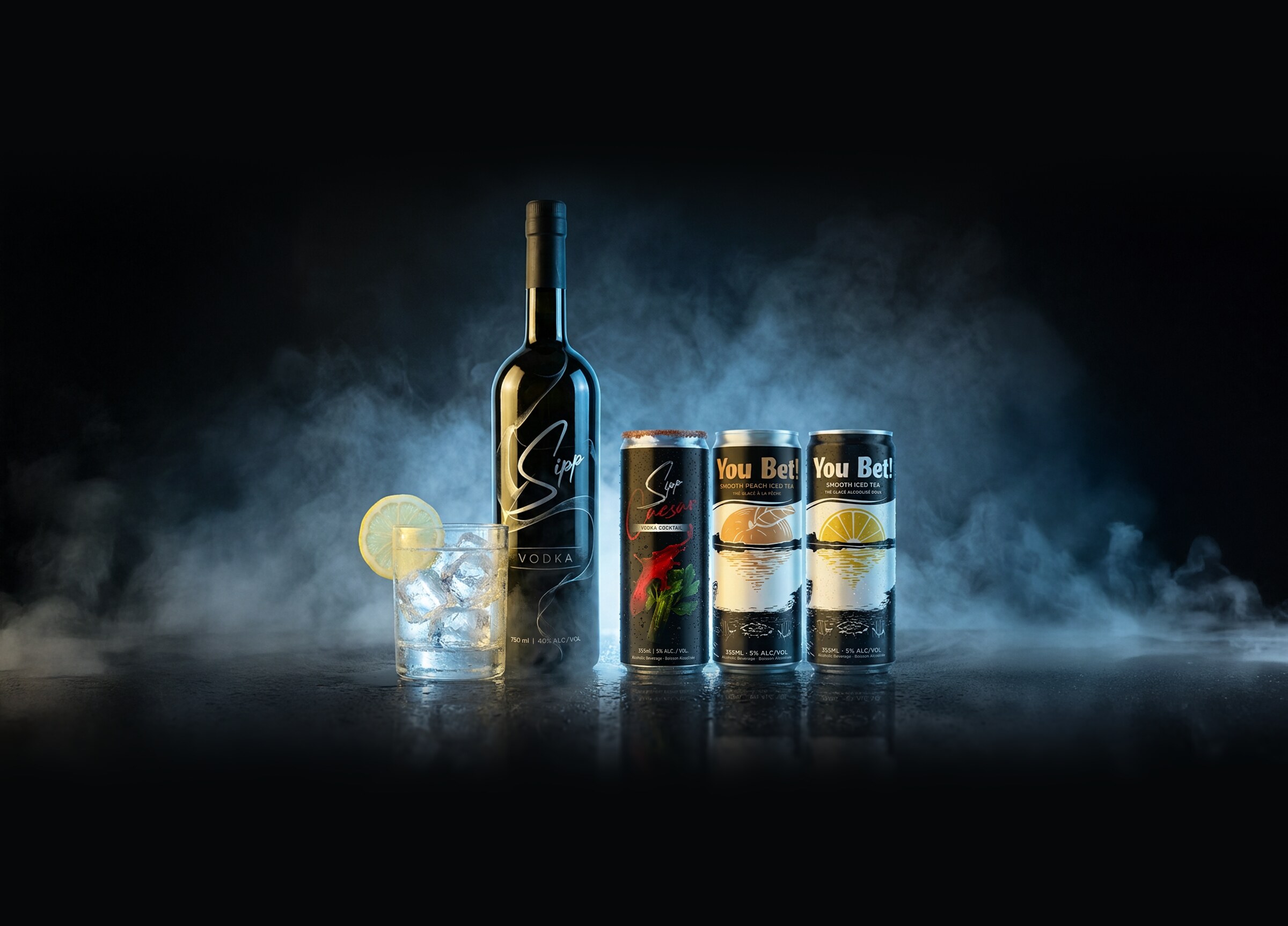 The premium Sipp range: black vodka, Sipp Caesar, You Bet! Peach and Lemon