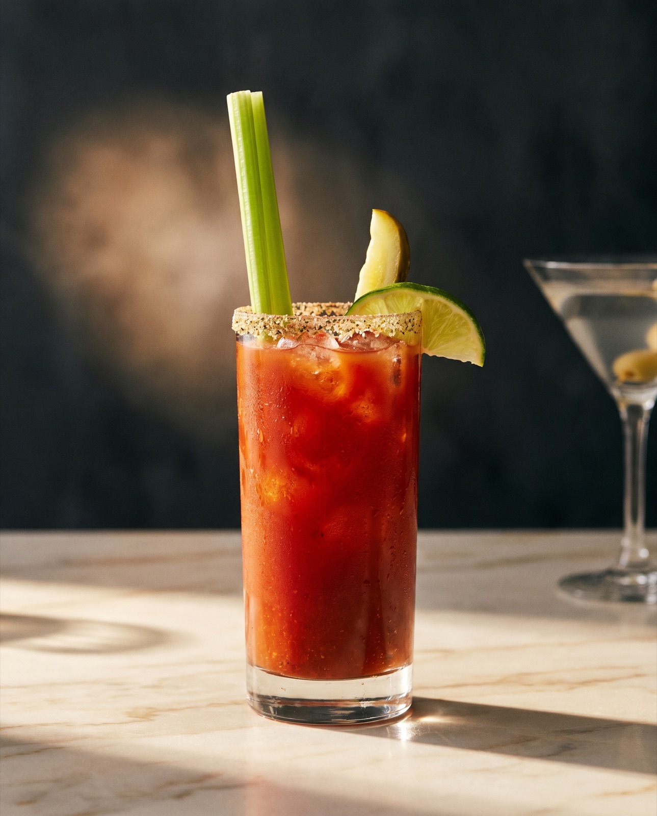 SIPP Caesar in a tall highball glass rimmed with celery salt and tajin, garnished with a celery stalk, lime wedge, and pickle spear