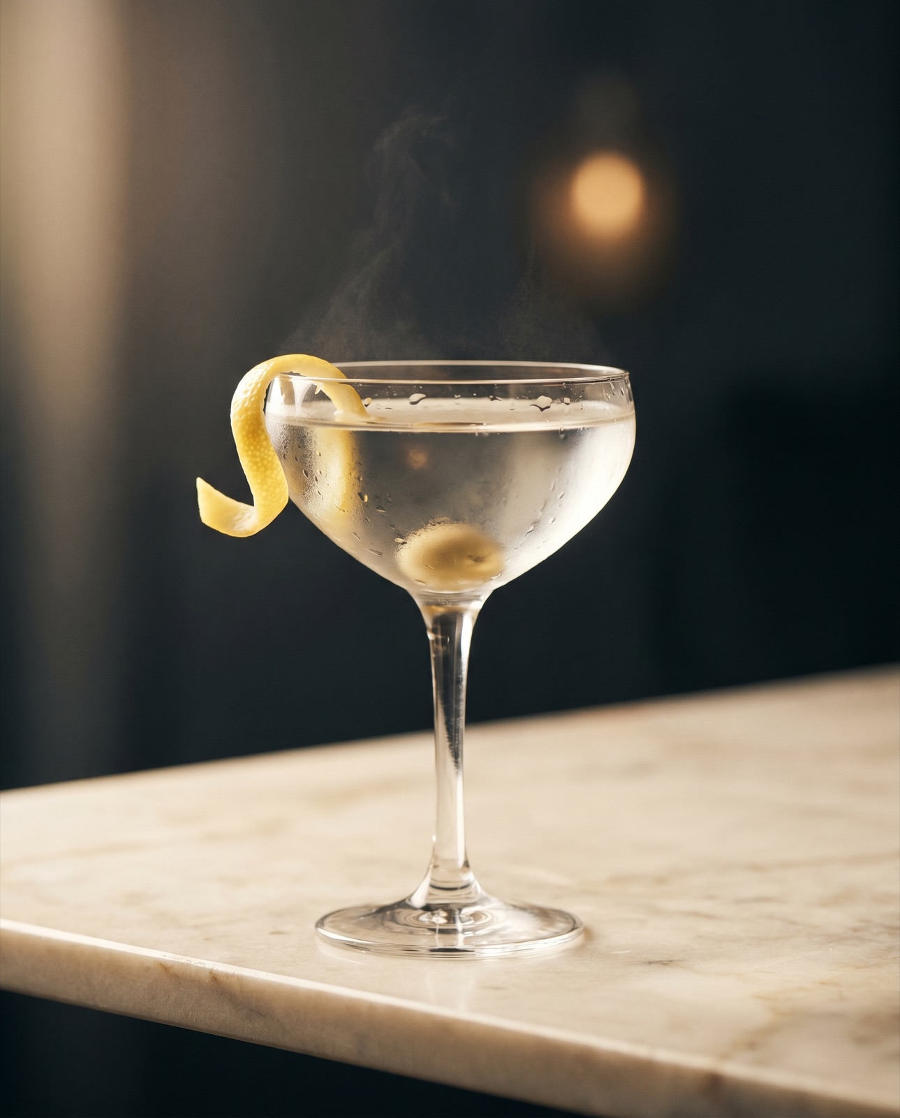 SIPP Martini in a chilled coupe glass with a lemon peel twist garnish on a cream marble counter