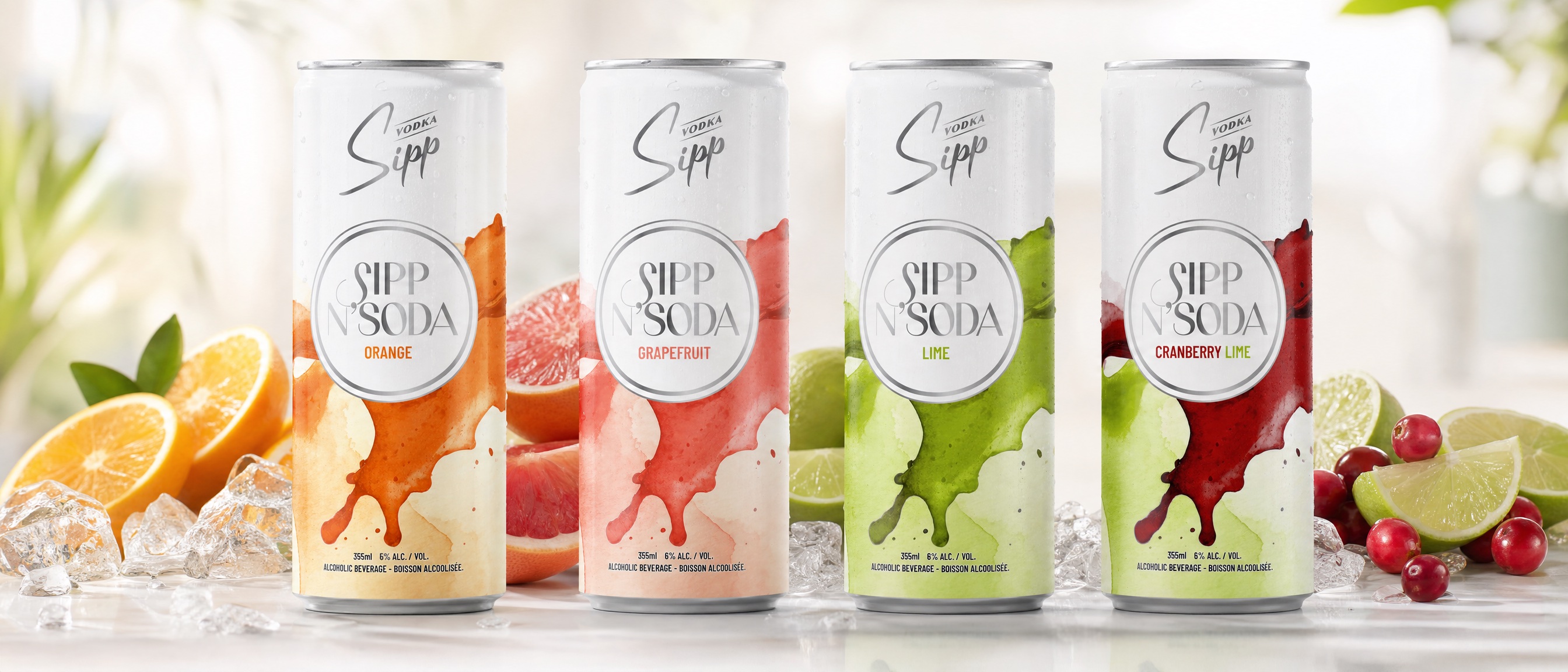 The four Sipp N'Soda flavours together: Lime, Orange, Cranberry Lime, Grapefruit.